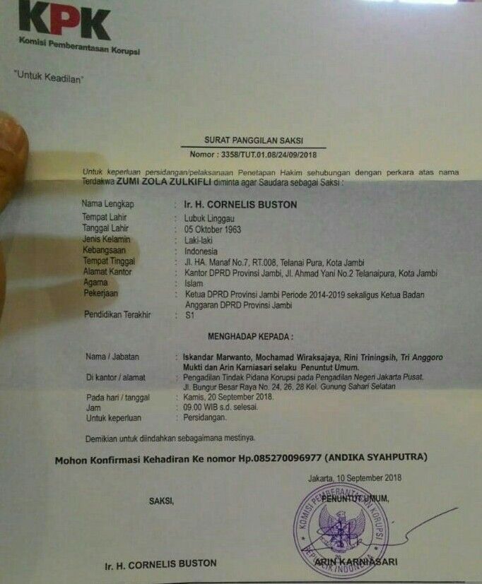 Surat panggilan KPK  jadi saksi dipangadilan Tipikor Jakarta