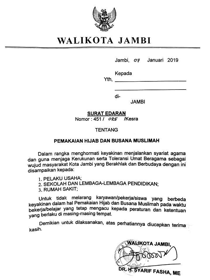 Surat Edaran Walikota Jambi Untuk Pelaku Usaha