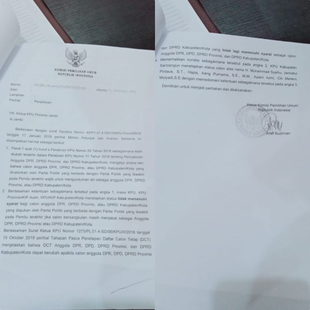 Surat dari KPU provinsi Jambi yang diterima KPU Sarolangun