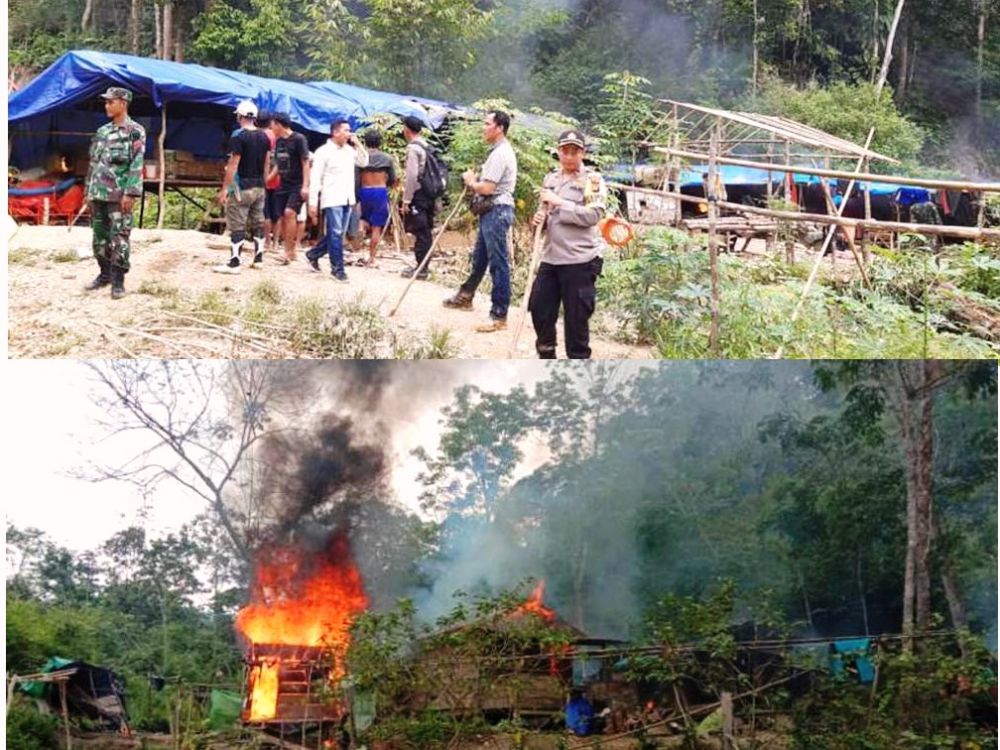 Razia TNI, Polri dan Polhut ke lokasi perambahan hutan lindung dan PETI di desa Lubuk Bedorong, Limun 