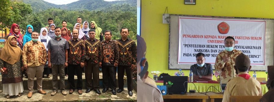 Foto 1:Tim Pengabdian kepada Masyarakat Fakultas Hukum UNJA saat foto bersama dengan para guru SMP Negeri 16 Kabupaten Kerinci. Foto 2: Pelaksanaan Penyuluhan.