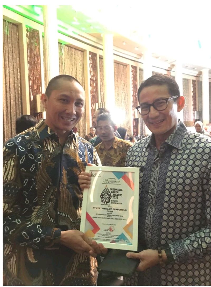 Pertamina EP Prabumulih Field kembali meraih penghargaan Indonesia Green Awards (IGA) 2023 dan penghargaan ini juga diserahkan secara langsung oleh Sandiaga Uno selaku Menteri Pariwisata dan Ekonomi Kreatif (Menparekraf) 
