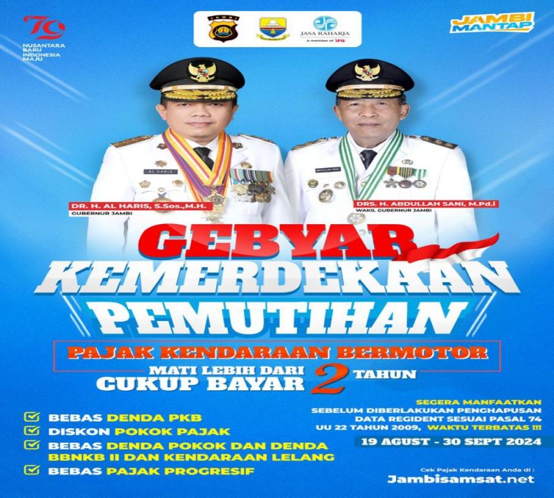 Pemerintah Provinsi Jambi meluncurkan program pemutihan Pajak Kendaraan Bermotor (PKB) dalam rangka memperingati Hari Ulang Tahun (HUT) ke-79 Republik Indonesia.