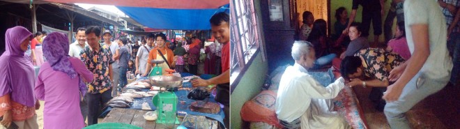 FOTO KIRI: Blusukan Abun Yani ke Pasar Kalangan unit III, Sungai Bahar disambut hangat pedagang dan pengunjung pasar. Foto Kanan: Abun Yani mengunjungi kediaman Datuk Sani Ketua Adat SAD di Bahar Selatan.