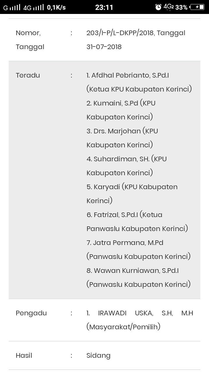Pengumuman hasil pemeriksaan materiil atas pengaduan pelanggaran etik yang dilakukan oleh anggota KPU dan Panwaslu Kabupaten Kerinci di webite DKPP RI