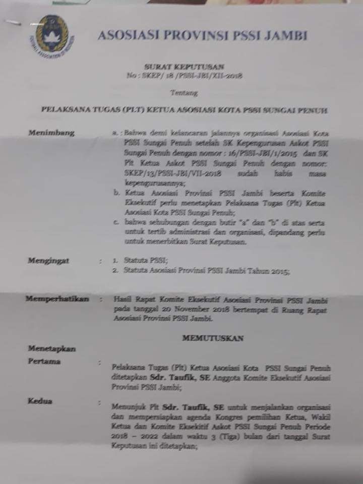 Surat  keputusan mengenai Plt ketua PSSI Sungai Penuh