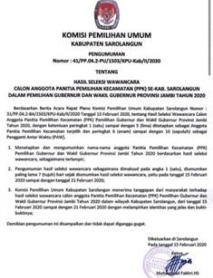 Berita acara pleno KPU Kabupaten Sarolangun tentang hasil seleksi wawancara calon anggota PPK 