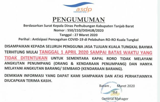 Pemberitahuan terakait penutupan pelabuhan roro.