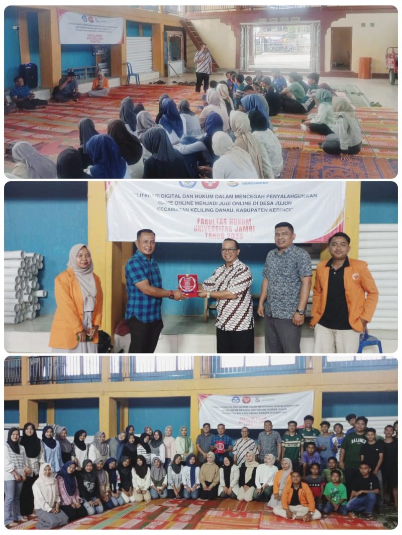 Pelaksanaan Pengabdian kepada Masyarakat (PkM) Dosen Fakultas Hukum UNJA di Gedung Serbaguna Desa Jujun Kabupaten Kerinci, terlihat Ketua Tim PKM Ivan Fauzani Raharja, S.H., M.H. beserta tim sedang memaparkan materi PKM