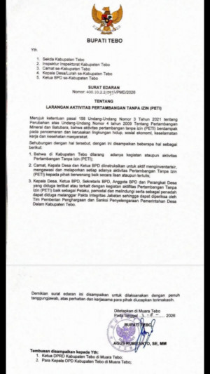 Akhirnya, Bupati Tebo Terbitkan SE Larangan Aktivitas PETI